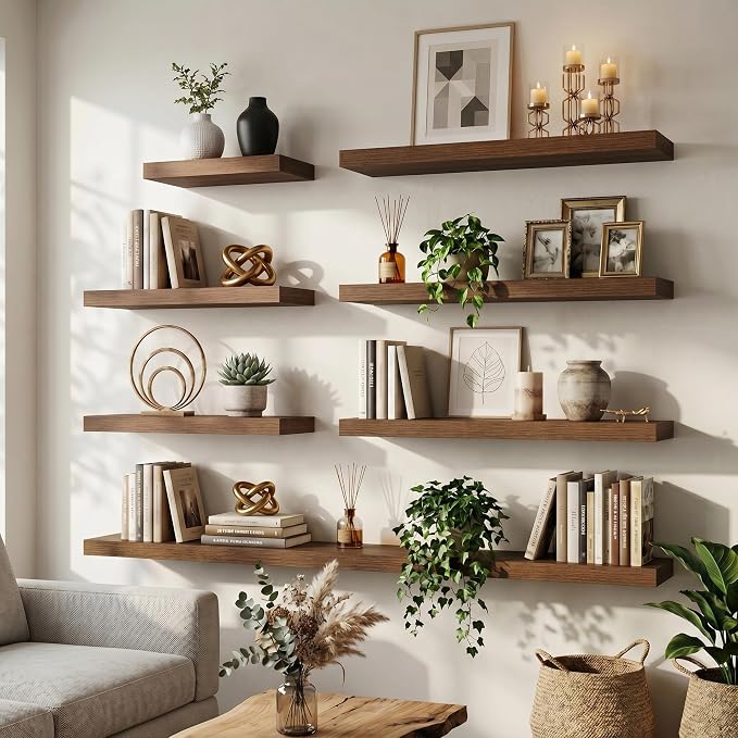 24 Inch Floating Shelves for Wall, 8"D Wood Storage Shelves, Walnut Finish | Engineered Wood, Invisible Bracket, Large Storage, Easy Install, Hold Up to 44lbs, Living Room, Bathroom, Bedroom, Kitchen
