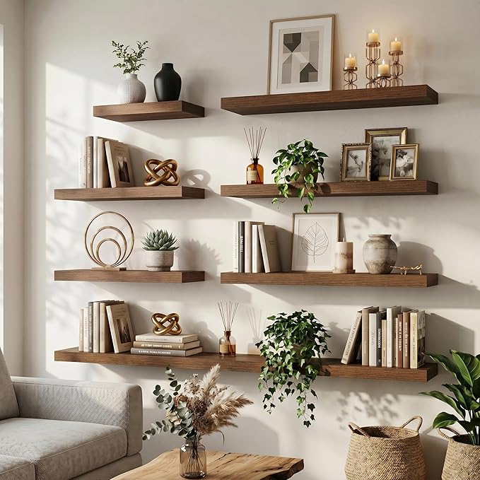 40 Inch Floating Shelves for Wall, 8"D Wood Storage Shelves, Walnut Finish | Engineered Wood, Invisible Bracket, Large Storage, Easy Install, Hold Up to 66lbs, Living Room, Bathroom, Bedroom, Kitchen