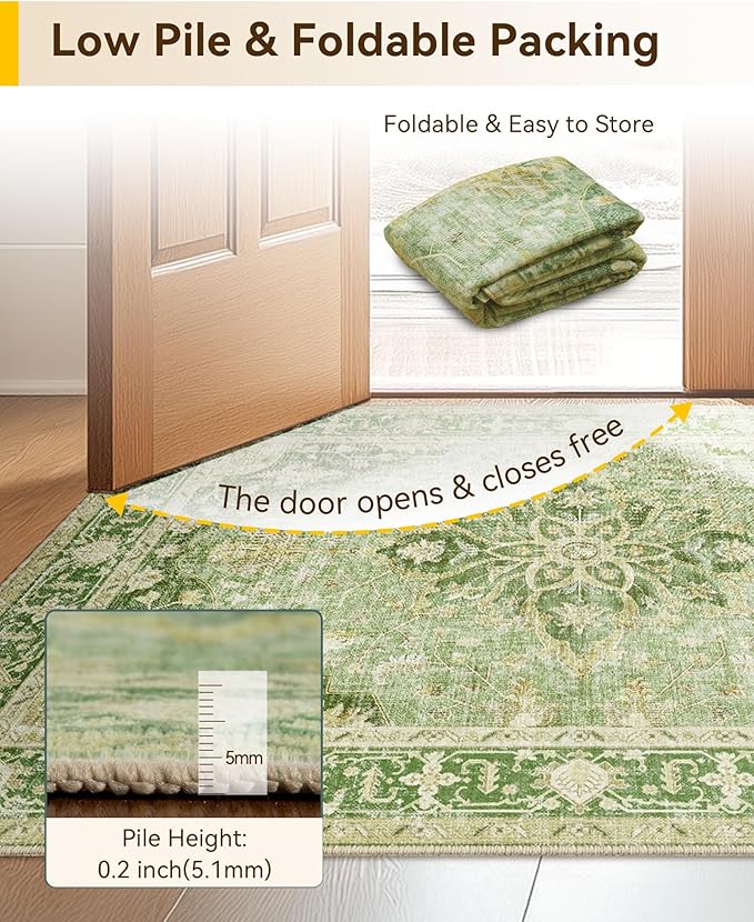 RELEANY Area Rugs 7'x9' Washable Non-Slip, Floral Vintage Distress Print Pattern Medallion Carpet for Living Room Bedroom Dining Room, Sage Green Yellow