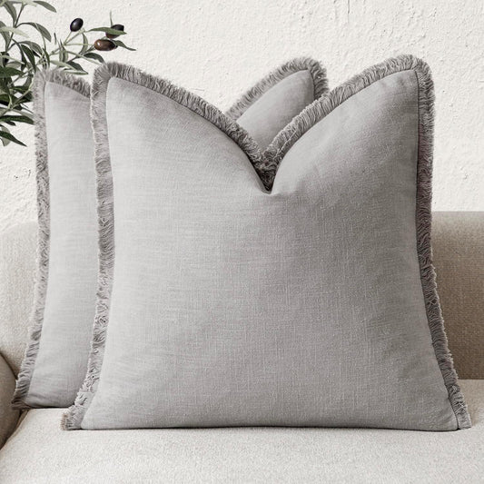 Foindtower Set of 2 Decorative Linen Fringe Throw Pillow Covers Cozy Boho Farmhouse Cushion Cover with Tassels Accent Pillowcase for Couch Sofa Bed Living Room Home Decor,26×26 Inch,Light Rustic Gray