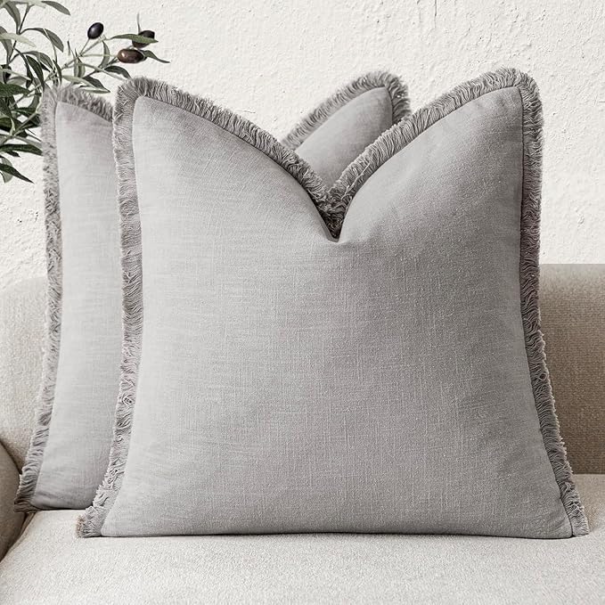 Foindtower Set of 2 Decorative Linen Fringe Throw Pillow Covers Cozy Farmhouse Cushion Cover with Tassels Accent Pillowcase for Couch Chair Sofa Bed Living Room Home Decor,22×22 Inch,Light Rustic Gray