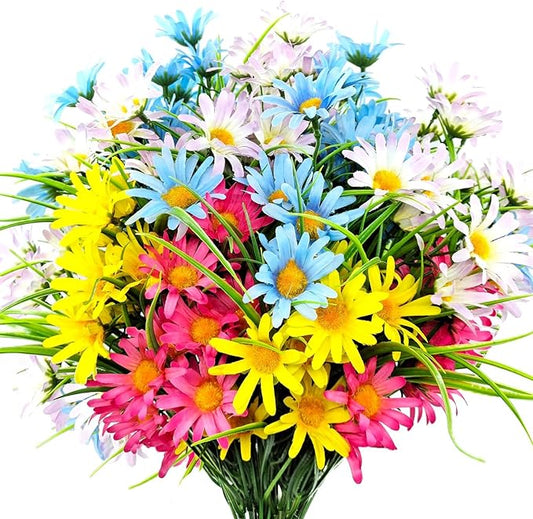 4 Bundles Artificial Large Daisy Fake Plants Flowers Faux Silk Wildflowers Bouquet Outdoor UV Resistant for Home Decor Indoor Outside Garden Front Porch Planters Decoration (Multi Color)