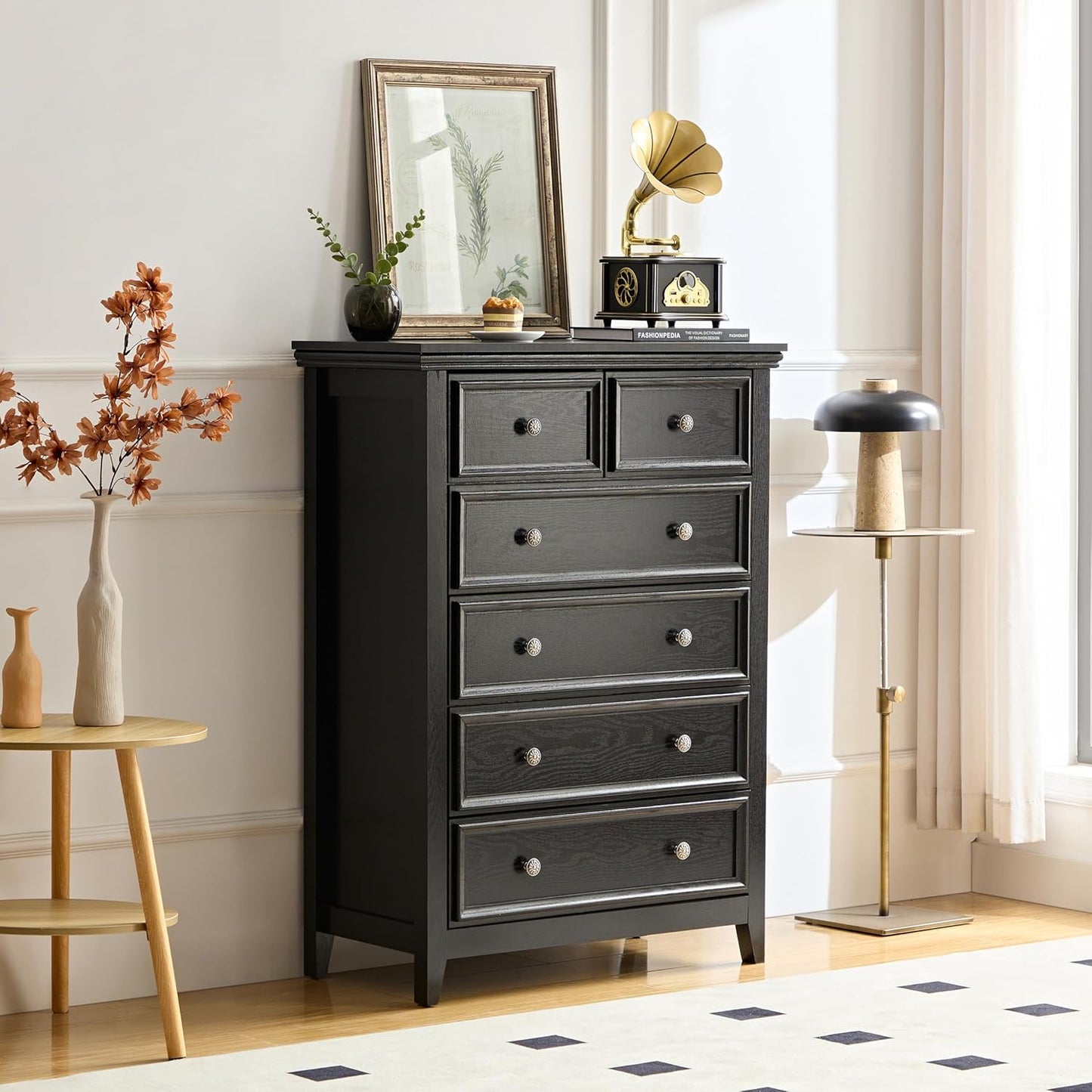 BLANKSPACE Black Dresser, 6 Chest Drawer Dresser for Bedroom, Large Capacity Nightstand, Modern Wood Cabinet for Bedroom, Living Room, Closets