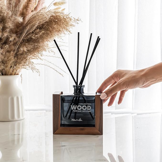 Luxury Reed Diffuser for Home Set with Scented Sticks and Essential Oil Refill in Glass Bottle, Decorative Wooden Frame – Warmth Fragrance for Bedroom Bathroom Office (5.6oz)