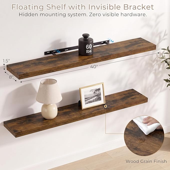 Vivelove Wall Floating Shelves for Display with Invisible Brackets, Long Floating Shelves for Bedroom Bathroom Living Room Kitchen Office, 40”X 8" X 1.4", Set of 2 - Rustic Brown