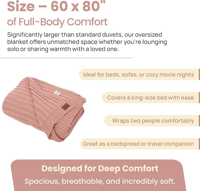 Dalisa 100% Organic Cotton Knit Blanket Denise -Soft and Lightweight, Breathable All-Season Throw for Bed, Sofa, or Lounge Area -Perfect for Home and Bedroom Styling (Pink, 60x80)