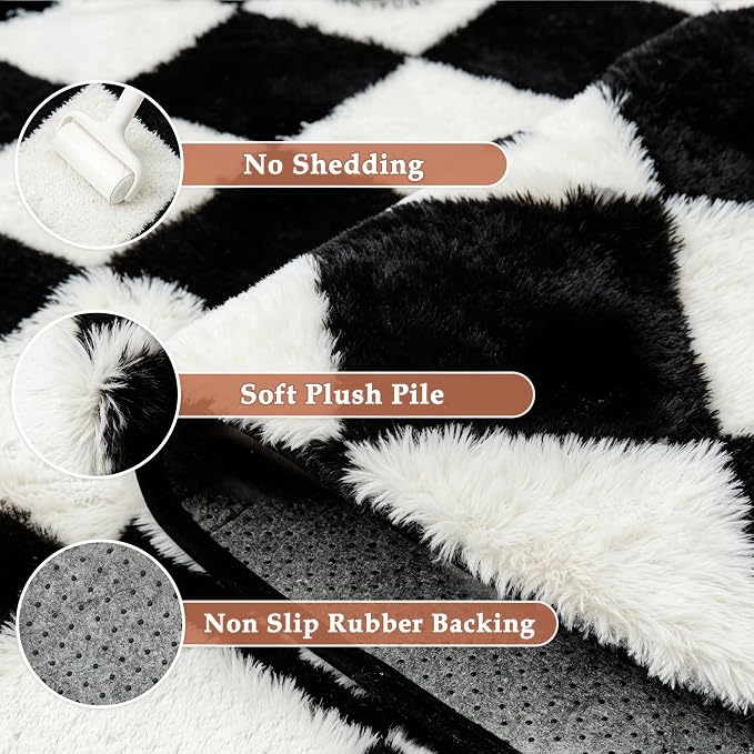 PureCozy Checkered Rug 4x6 Fluffy Shag Living Room Black and White Area Rug Modern Washable Carpet Soft Shaggy Non Slip Indoor Plush Fuzzy Rugs for Bedroom Dorm Office Home Aesthetic Decor