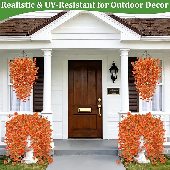 TURNMEON 4 Pcs Artificial Hanging Flowers for Outdoors Decorations Faux Flowers Plants for Outdoors, Silk Morning Glory with Eucalyptus Look Real UV Resistant for Home Yard Porch Outdoor(Orange)