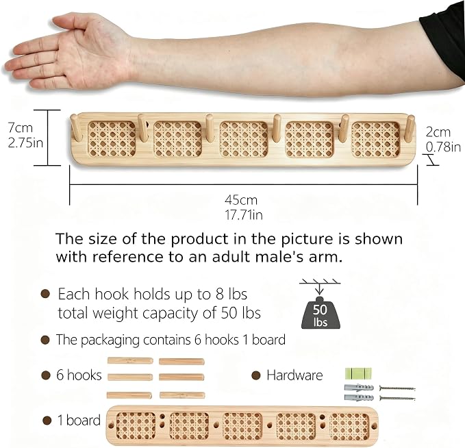 Coat Rack Wall Mount, Rattan Coat Hooks Hanger Wall Mounted | 6 Heavy Duty Bamboo Hooks Rack Rail for entryway Hanging Clothes Hats Bags Jackets Towels Plants,Natural