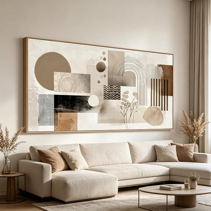 Sorbrozo Framed Abstract Arch Wall Art Modern Geometric Line Art Canvas Print Natural Wood Frame Minimalist Boho Earth Tone Decor for Living Room Bedroom Office 20x40 inch