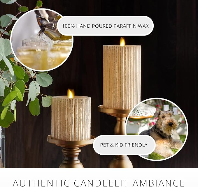 Luminara Metallic Embossed Pillar, Champagne Flameless LED Candle 3.25" x 6.5", Battery Operated Real Flame Technology w/Timer Function, Paraffin Wax
