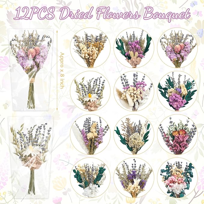 12/24PCS Handmade Dried Flower Bouquet with Stems Natural Dried Wildflowers 7.5 Inch Mini Dry Flowers for Vase Farmhouse Decor, Wedding Styling, Photography Props, Gift DIY(12pcs, Lavender)