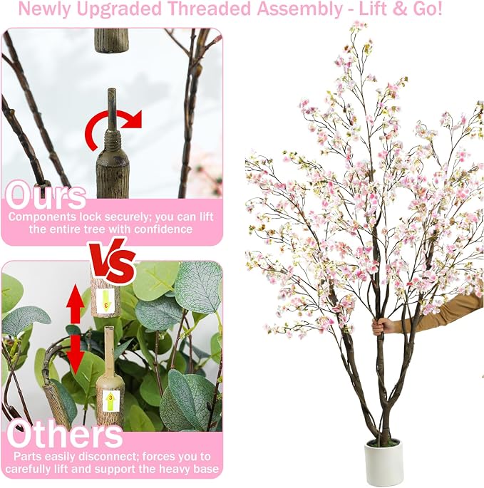 Caxchiling Artificial Cherry Blossom Tree 6FT, Pink Faux Floor Tree | Ball-Shaped Pot with Moss Topper, Lifelike Faux Tree for Home Office, Living Room, Bedroom, Doorway and Hallway Decor