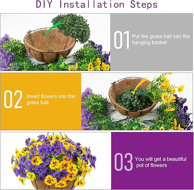 lovemoon 2 Sets Artificial Hanging Flowers with Baskets, 24 Pcs UV Resistant Faux Silk Pansies Outdoor Flower Pots for Porch Patio Garden Home Spring Summer Decor (2, Yellow,Puple)
