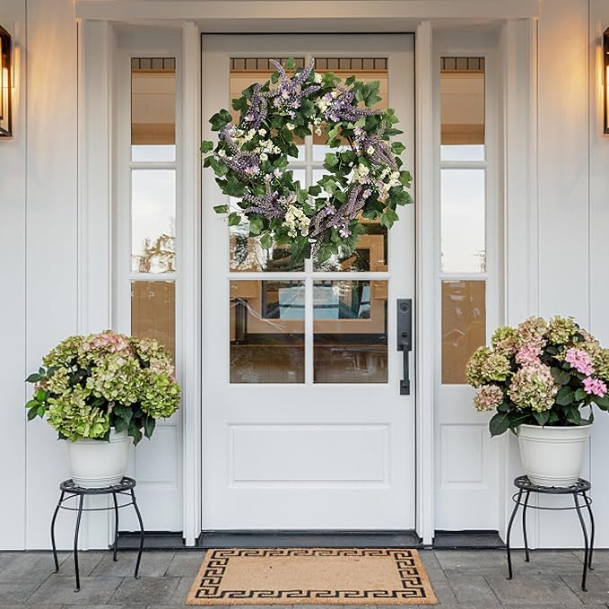 22IN Spring Summer Wreath withGrape Leaves, Lavender. Seasonal Greenery Decor for Front Door, Wall, and Year-Round Celebrations.