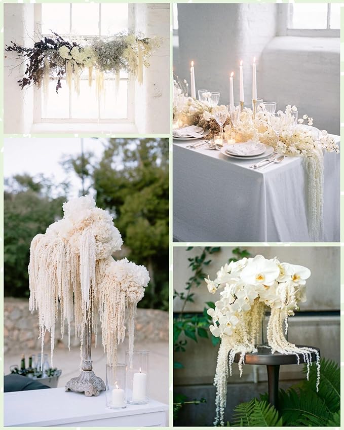 20Pcs Preserved Hanging Amaranthus Flowers - Ivory White 23"-27" Extra Full Cascading Dried Florals for Wedding Decor, Arch Installations, Vase Filler, Home Styling