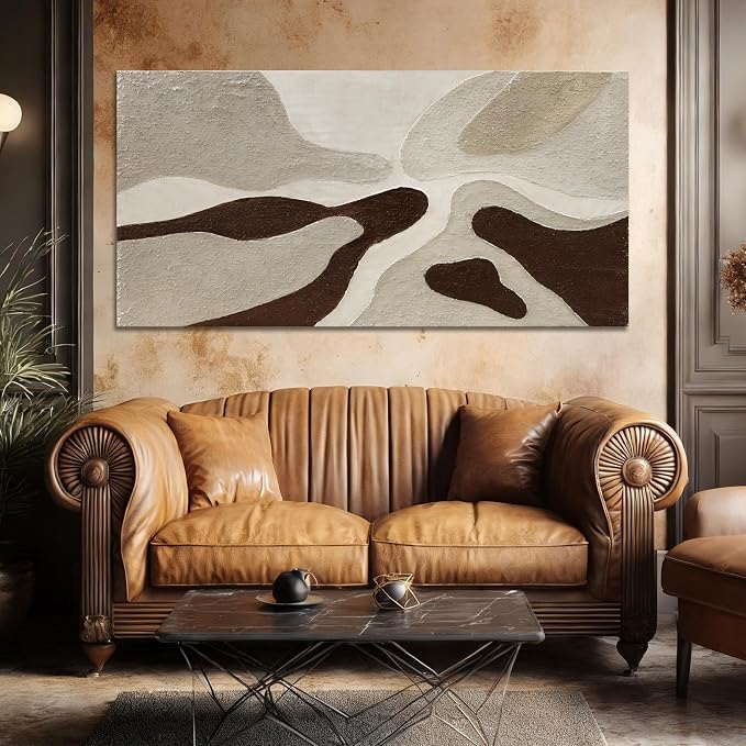 ZUNARE Hand-Painted Abstract Canvas Art – Neutral Beige, Brown, Taupe Textured Modern Wall Art for Living Room, Bedroom, Office, Ready to Hang, 24×48 in