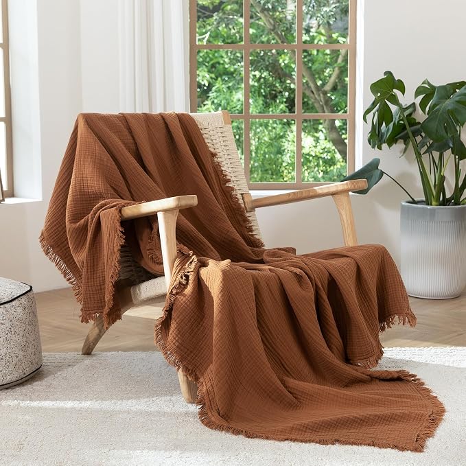 MooMee Muslin Blanket - 100% Cotton 4-Layer Gauze Throw Blanket with All-Around Fringe, Soft Breathable Lightweight Cooling Summer Blankets for Bed Couch (Drak Orange,King 104" x 90")