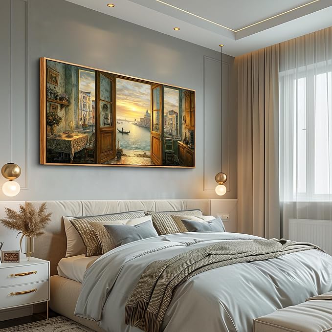 XIGUANGART Large Framed Vintage Wall Art, Living Room Country Farmhouse Decor, Italy Venice Grand Canal Landscape Paintings, Canvas Prints, Scenery Long Pictures for Bedroom Above of Bed,20x40inch