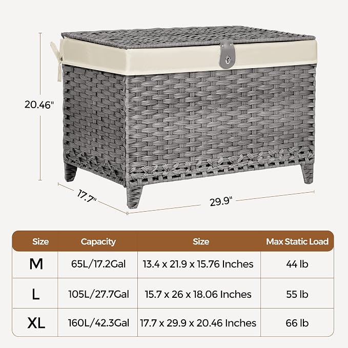 Honjourai Wicker Storage Basket with Lid,Rattan Shelf Basket with Removable Liner Bag,160L Storage Bin,Storage Trunk with Heightened Feet,Storage Container for Wardrobe,Home Organizer