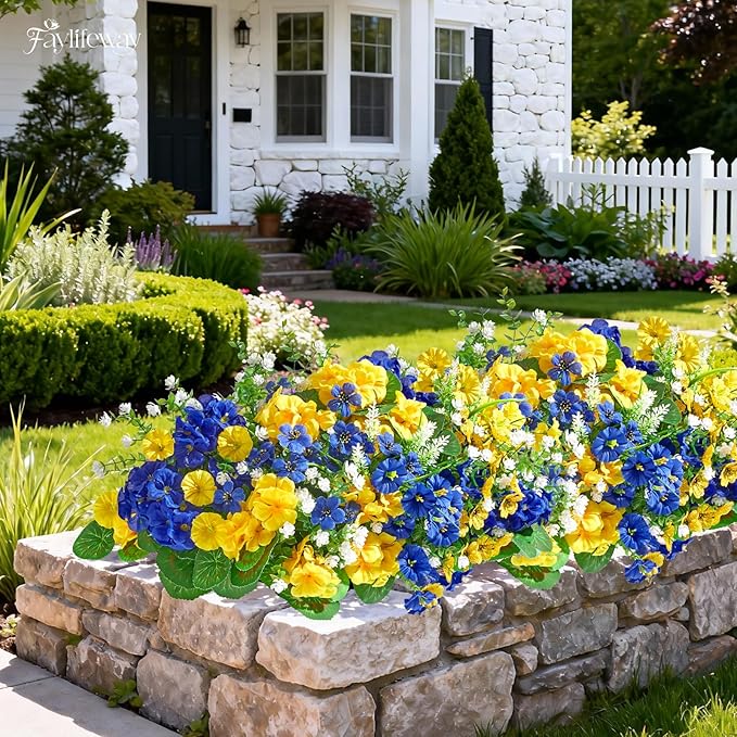 16 Bundles Artificial Flowers for Outdoors, UV Resistant Silk Faux Flowers for Outside Planters,Garden,Porch,Patio,Yard,Home Decor(Blue&Yellow)