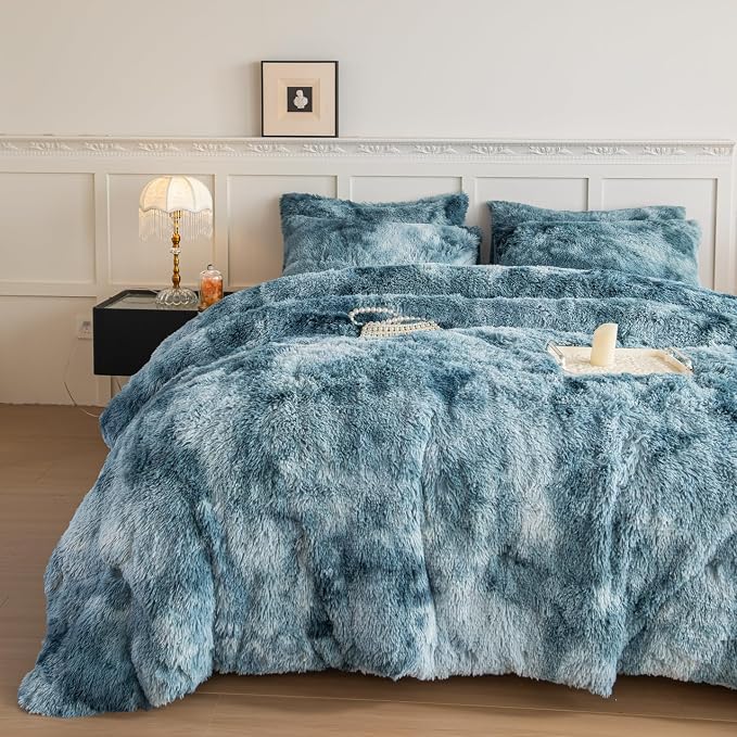 chovy Faux Fur Tie-Dyed Blue White Colorful Comforter Sets Queen - 3PC Bed Set Ultra Soft Plush Flannel Velvet Fluffy Fuzzy Bedding（Comforter x 1 Pillowcases x 2）