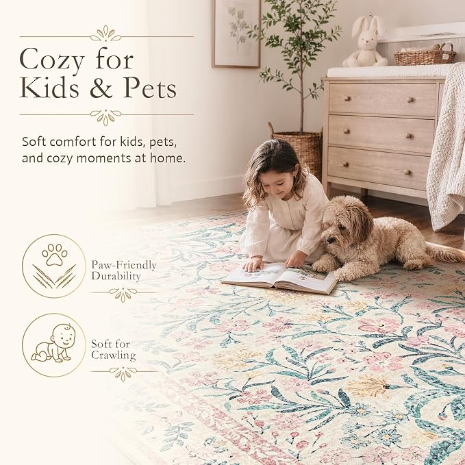 Wonnitar Pink Floral Round Rugs 5ft, Soft Circle Rug Non Slip Washable Round Carpet, Boho Non-Shedding Flower Distressed Circle Carpets for Bedroom Girls Room Nursery