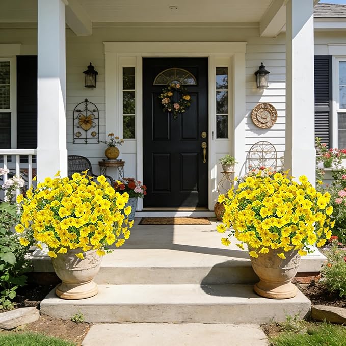 Ouddy Decor 24 Bundles Artificial Flowers for Outdoors, Fake Petunias Flowers Silk Morning Glory with Eucalyptus Faux Plants for Indoor Outside Spring Summer Yard Garden Porch Home Decor, Yellow