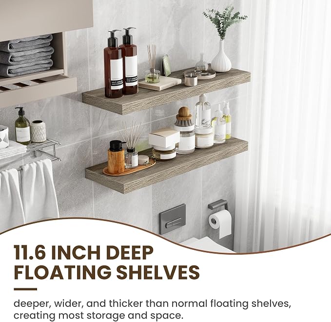 Acovy 36 Inch Floating Shelves, 12 Inch Deep Floating Shelves for Wall, Floating Shelf with Invisible Brackets, Deep Shelves for Bathroom, Bedroom, Living Room, 2 Pack, Vintage Gray Oak