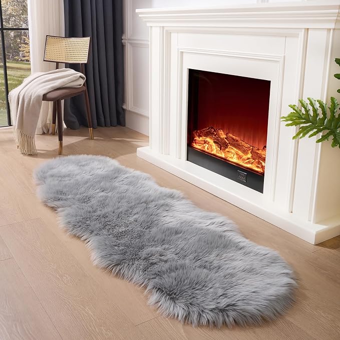 Faux Fur Sheepskin Runner Rug Gery 2x6 ft Ultra Soft Shaggy Plush Fluffy Fuzzy Area Carpet Decorative Chair Cover Floor Mat for Bedroom Sofa Living Room Bedside