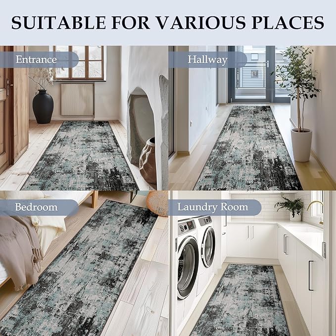 RELEANY Washable Area Rugs 2'x10' Non-Slip Modern Abstract Soft for Living Room Entryway Bedroom Nursery, Print Pattern, Blue Black Teal