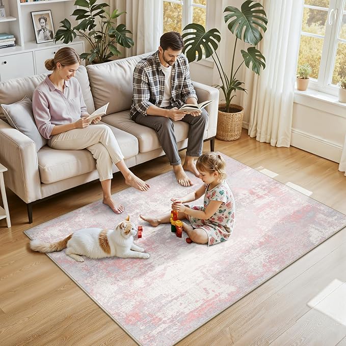 RELEANY Washable Area Rugs 4'x6' Non-Slip Modern Abstract Soft for Living Room Entryway Bedroom Nursery, Print Pattern, Grey Pink