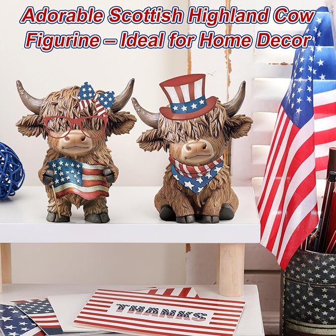 Karenhi 2 Pcs Patriotic Highland Cow Decor American Flag Figurines for 4th of July Memorial Day, Red White Blue Resin Cow Statues for 250th Anniversary Home Table Garden Decor