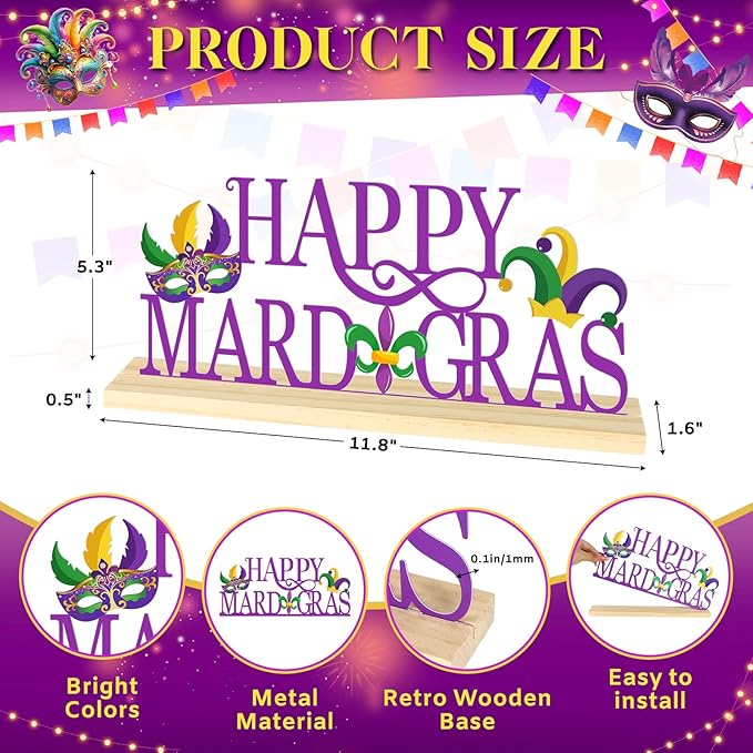 Happy Mardi Gras Metal Table Sign, Mardi Gras Table Decoration Centerpiece, Metal Letter Sign with Wooden Base, Holiday Tabletop Decor for Home, Office, Mantel, Party Supplies
