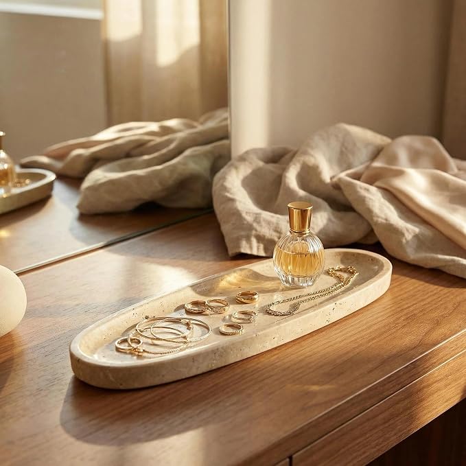 Natural Travertine Vanity Tray, 16.6"x4.6" Real Marble Decorative Tray for Bathroom Countertop & Home Decor, Catchall Organizer for Jewelry, Candles, Cosmetics & Perfume（Travertine）
