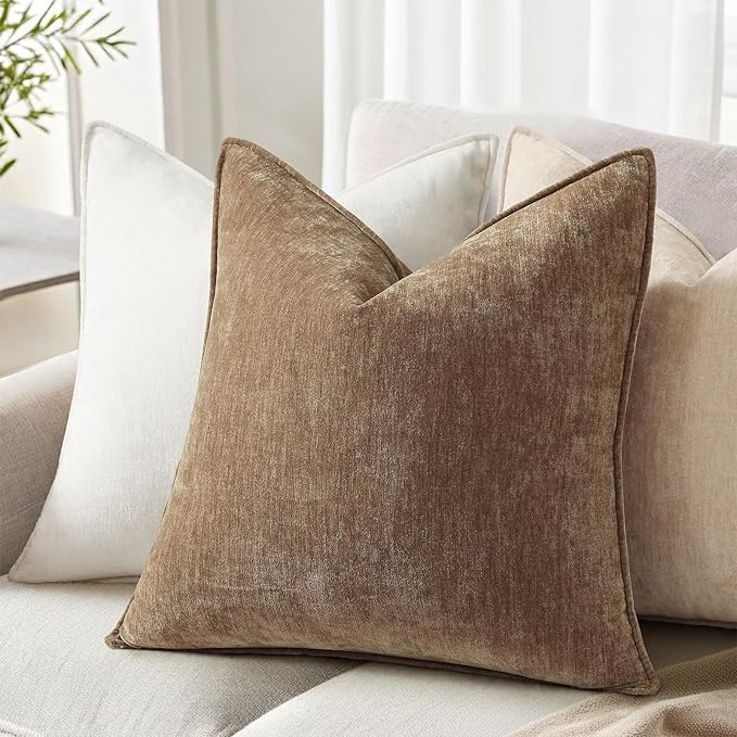 decorUhome Summer Couch Euro Sham Throw Pillow Covers 22x22 Set of 2, Decorative Soft Velvet Modern Cozy Chenille Pillow Cases with Elegant Design for Sofa Bed Living Room Home Decor, Brown