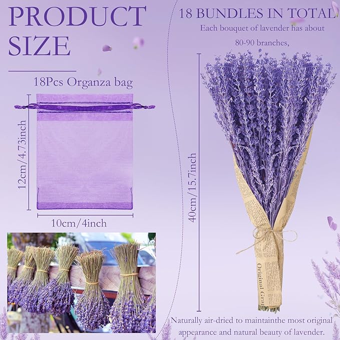 Yunlly 18 Bunches Dried Lavender Bundles 15.7 Inch Natural Dried Lavender Flowers 1440-1620 Stems Total for Wedding Decoration, Flower Arrangements DIY Crafts Photo Props Home Fragrance Gift for Her