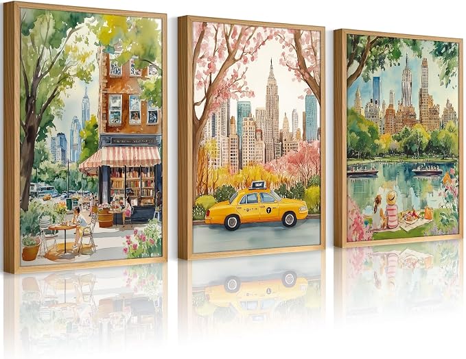 SYYANKK Watercolor New York City Wall Art NYC Canvas Wall Decor NYC Painting New York Landmarks Poster Travel Wall Art Central Park Artwork for Bedroom Living Room 16x24 Inch Unframed Set of 3