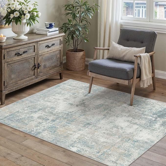 3x5 Washable Area Rug Blue Cream Abstract Non Slip Soft Low Pile Rug for Entryway Kitchen Bathroom Neutral Modern Throw Carpet for Living Room Bedroom Home Decor