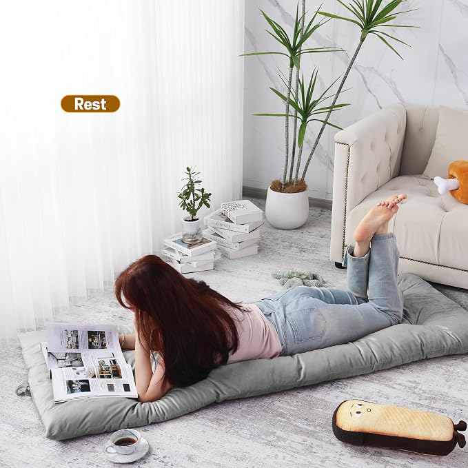 BALAPET Floor Lounger Pillow,Foldable Light Thick Tufted Floor Pillow Cushion with Elasticized Webbing for Easy Storage Floor Lounger for Meditation, Playing, Yoga, Reading, Sleeping(Light Gray)