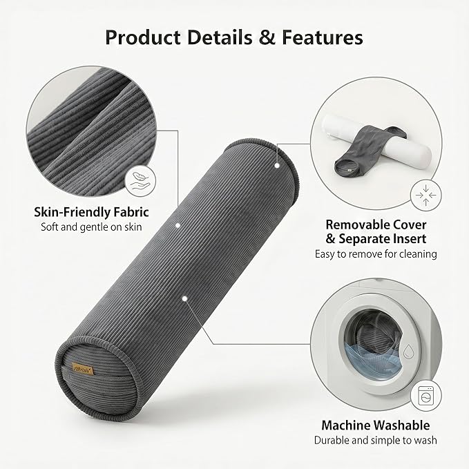 Corduroy Body Pillow for Side Sleepers, Cozy Cylinder Bolster Pillow for Sleeping, Bed & Sofa Lounging, Soft Hugging Support Pillow, 39 x 7.87 Inches, Dark Grey