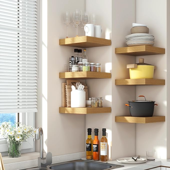 Venusmiles 12"x12" Square Floating Shelves for Wall, Oak Finish, 3-Pack | Engineered Wood Wall Shelves with Invisible Brackets for Living Room, Bedroom, Bathroom, Office & Kitchen Storage