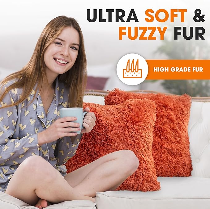 Cheer Collection Throw Pillows for Couch and Bed, Soft Shaggy Throw Pillows with Inserts Included, Cozy Long Hair Faux Fur Pillows - Set of 2-18" x 18" - Rust Orange