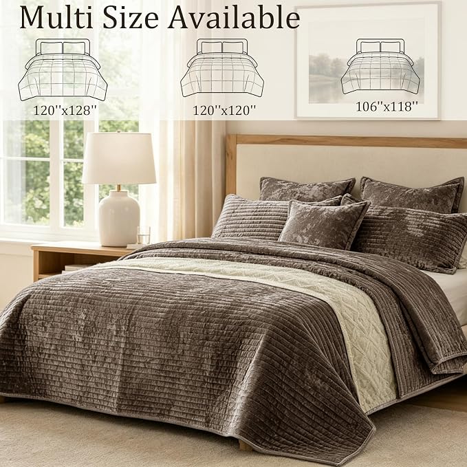 Luxury Velvet California King 106x118 in Quilt Set 3 Piece Quilted Bedspread with 2Pillow Shams(20x36) Ultra Soft Coverlet All Season Bedding for Farmhouse Modern Bedroom Sofa,Brown
