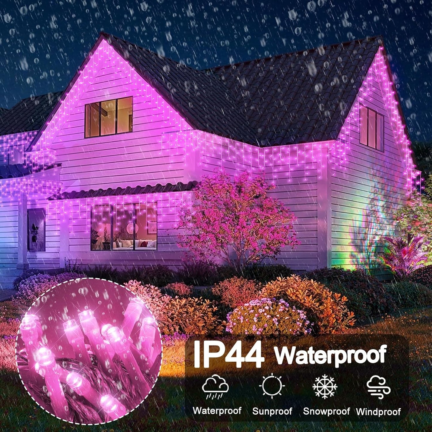 66ft Pink LED Icicle String Lights Indoor for Bedroom, 640 LED Patio Lights for Outside Clear Wire Connectable Twinkle Light with 8 Modes Timer Waterproof for Party Wedding Decoration