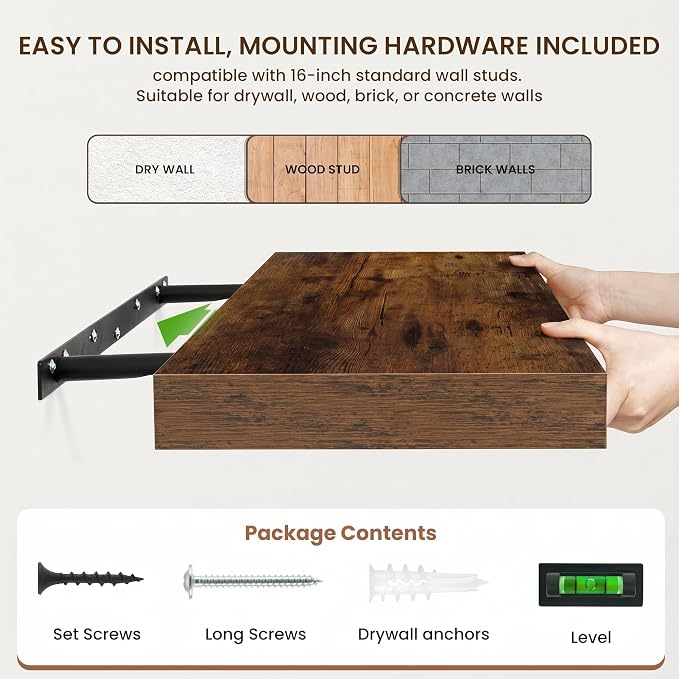 FLYJOE 32 Inch Floating Shelves, 12 Inch Deep Floating Shelves Set of 2, 32''W x 12''D Rustic Brown Wood Shelves for Wall, Bathroom Available, Engineered Wood, Mounting Hardware Included