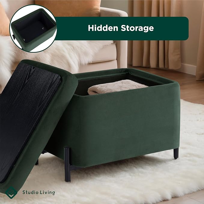 Studio Living Connor 24” Small Storage Ottoman with Reversible Tray Lid, Velvet Upholstered Footrest & Accent Bench, Hidden Storage, Metal Legs, Modern Boho Design, Green
