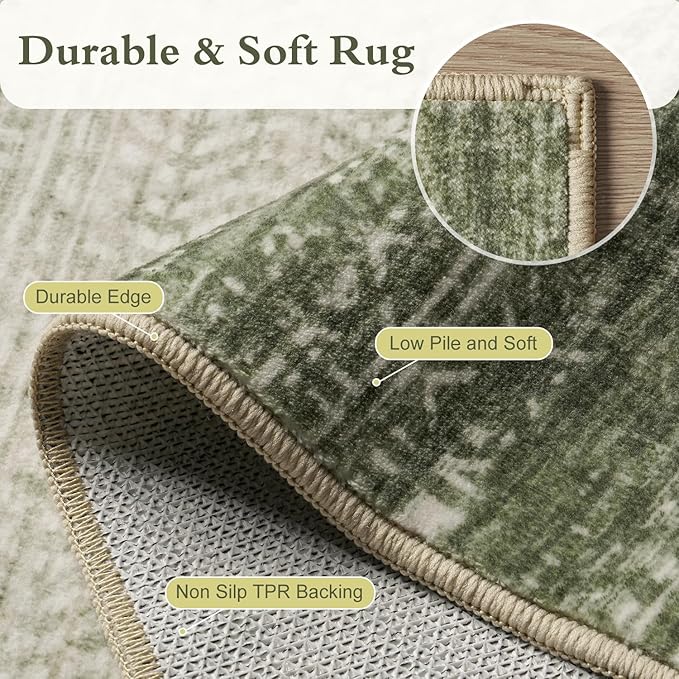 8x10 Area Rugs for Living Room Non Slip Machine Washable Rug Distressed Abstract Soft Indoor Carpet Neutral Boho Rug for Bedroom Dining Room Playroom Office, Green