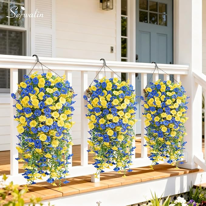 Serwalin Artificial Hanging Flowers for Outdoors UV Resistant, 8PCS Faux Morning Glory Fake Outdoor Flowers Realistic Silk Flower Faux Plants for Outside Planter Front Door Porch Patio Yard Decor