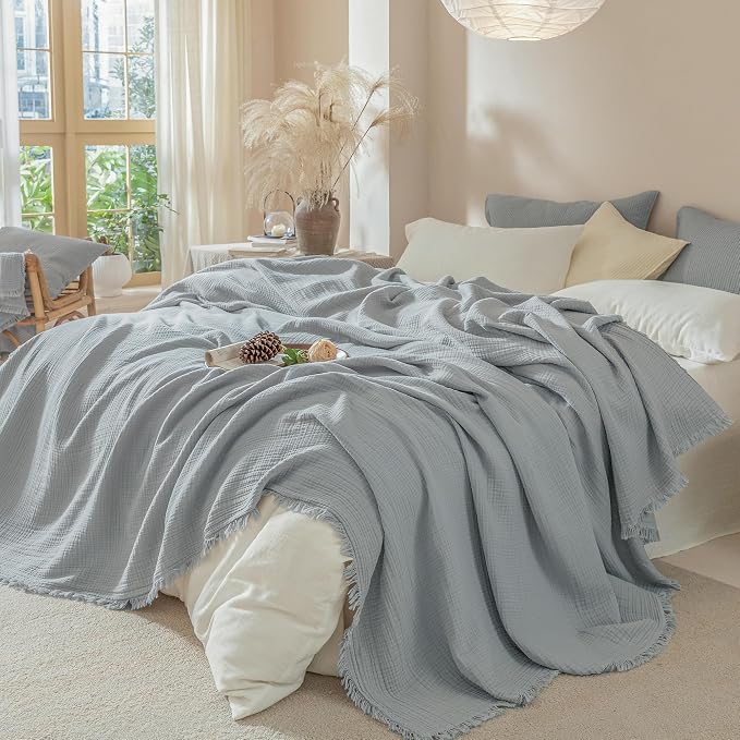 Muslin Fringe Blankets for Adults: 100% Cotton Cloud Soft | 4-Layer Gauze Breathable Lightweight All Season Throw Blanket for Bed Couch Sofa Office